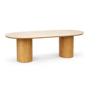 Enzo ovaler Esstisch mit beiger Steintischplatte und Eichenholz-Lattenrost 220x100x76 cm