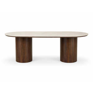 Enzo ovaler Esstisch mit Steinplatte in Beige und Lattenrost in Räuchereiche 220x100x76 cm