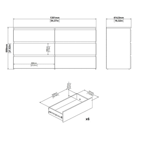 Kommode Maise H:70 x B:138 x B:41 cm mit 6 Schubladen in Eichenoptik