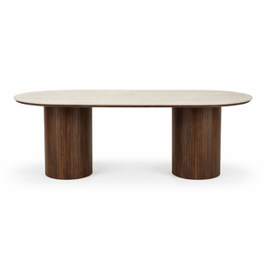 Enzo ovaler Esstisch mit Steinplatte in Beige und Lattenrost in Räuchereiche 220x100x76 cm