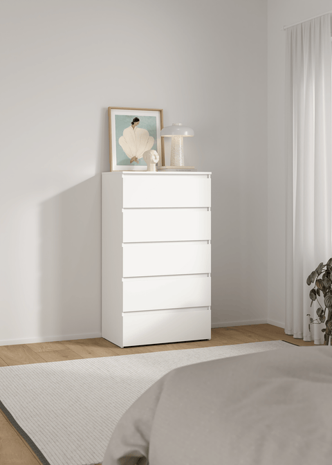 Maise Kommode H:114 x B:65 x T:41 cm mit 5 Schubladen in weiß