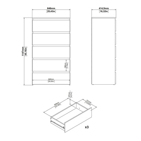 Maise Kommode H:114 x B:65 x T:41 cm mit 5 Schubladen in weiß