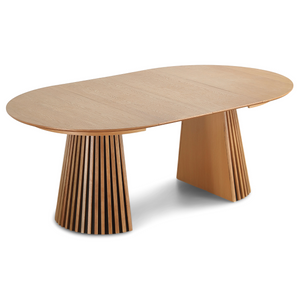Lewis - Rundes Lamellen-Esstisch in Eichenfurnier mit Ausziehfunktion 120/160/200 cm- 2 Verlängerungsplatten inklusive