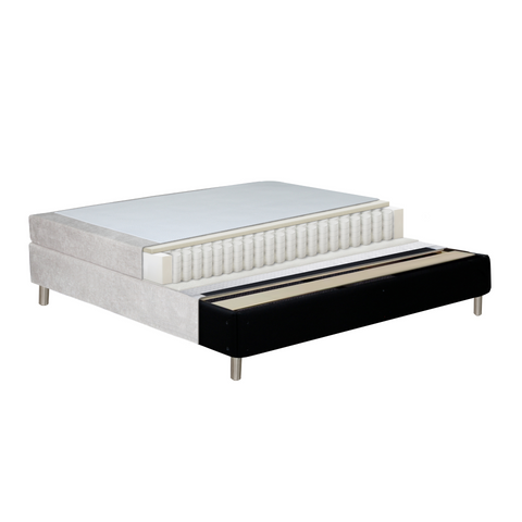 Boxspringbett in Beige 180x200 cm mit 4 cm PU-Schaum-Topper, inkl. Bettbeine in Chrom