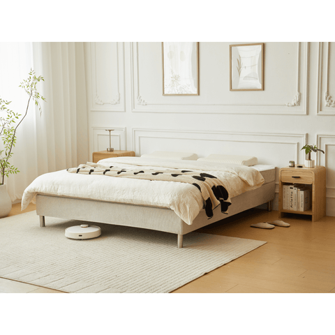 Premium Boxspringbett in Beige 180x200 cm mit 7 cm Memoryschaum-Topper, inkl. Bettbeine in Chrom