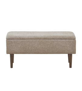 Malika Bank – sandfarbener Stoff mit Stauraum und Beinen in Räuchereiche Optik, 95x35x45 cm