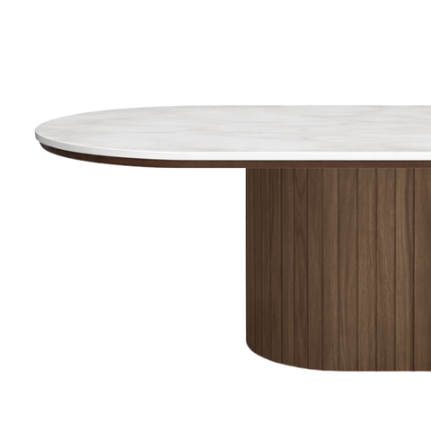 Bobby - Ovaler Couchtisch mit hellbeiger Steintischplatte und Untergestell aus Räuchereiche 120x55x45 cm