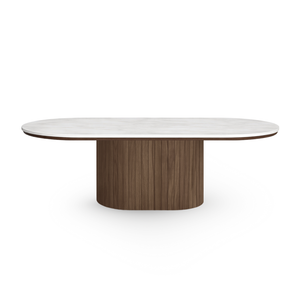 Bobby - Ovaler Couchtisch mit hellbeiger Steintischplatte und Untergestell aus Räuchereiche 120x55x45 cm