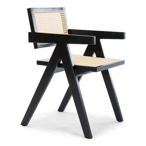 Esszimmerstuhl aus schwarz lackierter Eiche und Geflecht